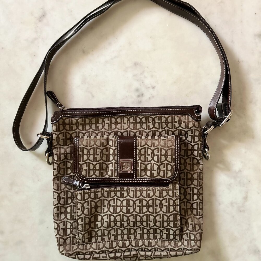 GIANI BERNINI Knit Logo Satchel | Beige Gold Brown Fabric and Leather Purse NWOT